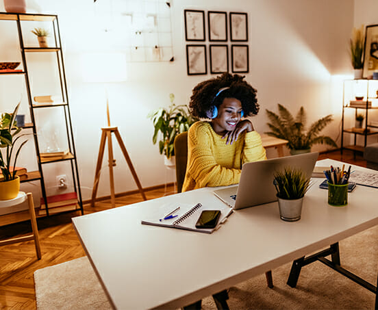 Young woman has video call with colleagues