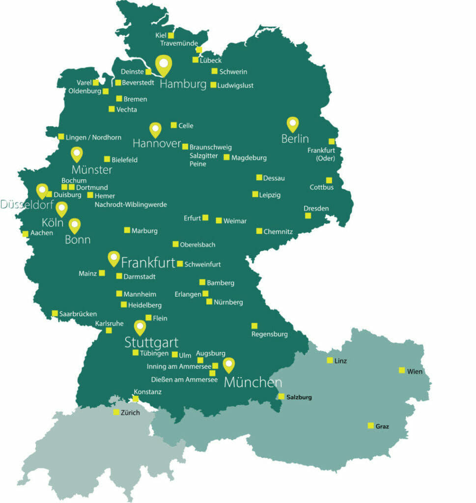 Location map: Germany + Austria + Switzerland