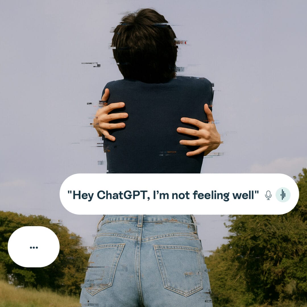 Person from behind, hugging themselves. In front of them, the ChatGPT user experience with the sentence: Hey ChatGPT, I